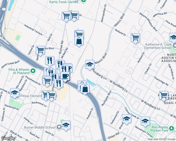 map of restaurants, bars, coffee shops, grocery stores, and more near 9119 Metric Boulevard in Austin