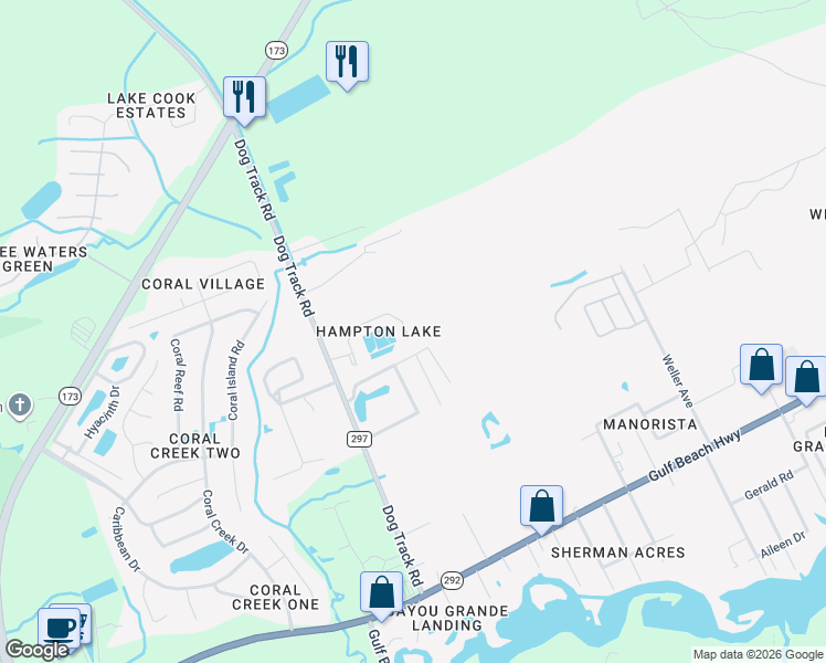 map of restaurants, bars, coffee shops, grocery stores, and more near 9580 Cobblebrook Drive in Pensacola