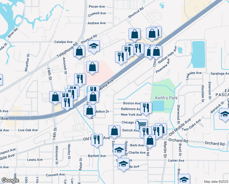 map of restaurants, bars, coffee shops, grocery stores, and more near 3102 Nathan Hale Ave in Pascagoula