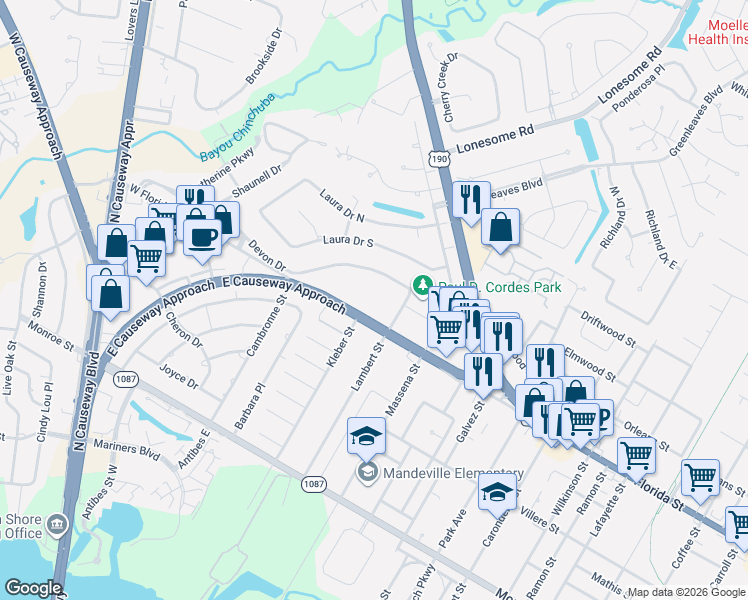 map of restaurants, bars, coffee shops, grocery stores, and more near 3235 East Causeway Approach in Mandeville