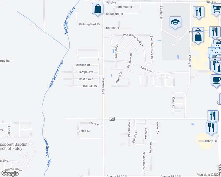map of restaurants, bars, coffee shops, grocery stores, and more near 651 Fulton Loop in Foley
