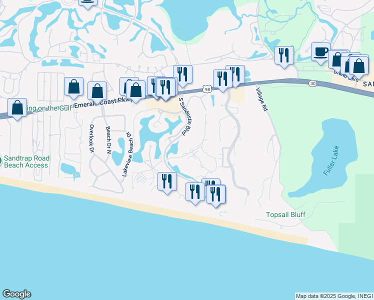 map of restaurants, bars, coffee shops, grocery stores, and more near 5235 Tivoli Drive in Miramar Beach
