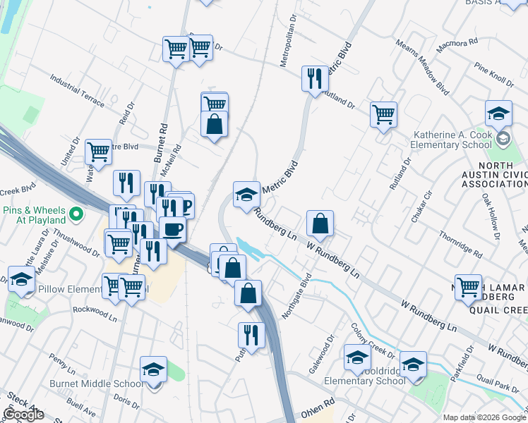map of restaurants, bars, coffee shops, grocery stores, and more near 20 West Rundberg Lane in Austin