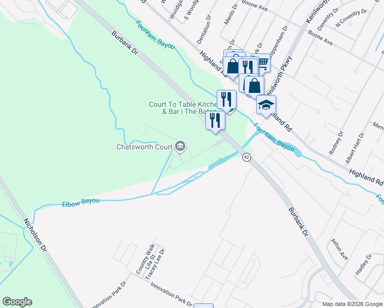 map of restaurants, bars, coffee shops, grocery stores, and more near 888 South Kenilworth Parkway in Baton Rouge