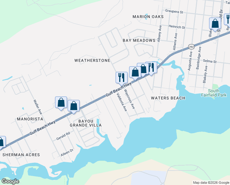 map of restaurants, bars, coffee shops, grocery stores, and more near 185 Valdosta Avenue in Pensacola