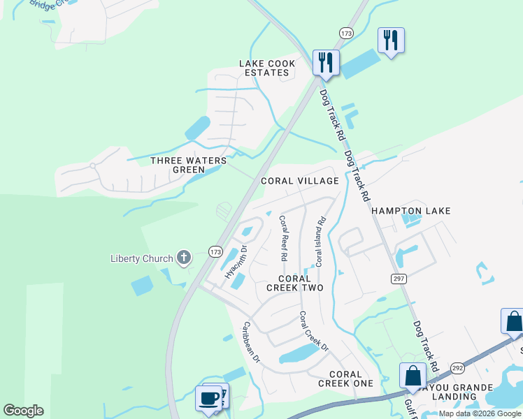 map of restaurants, bars, coffee shops, grocery stores, and more near 2162 Antillies Drive in Pensacola