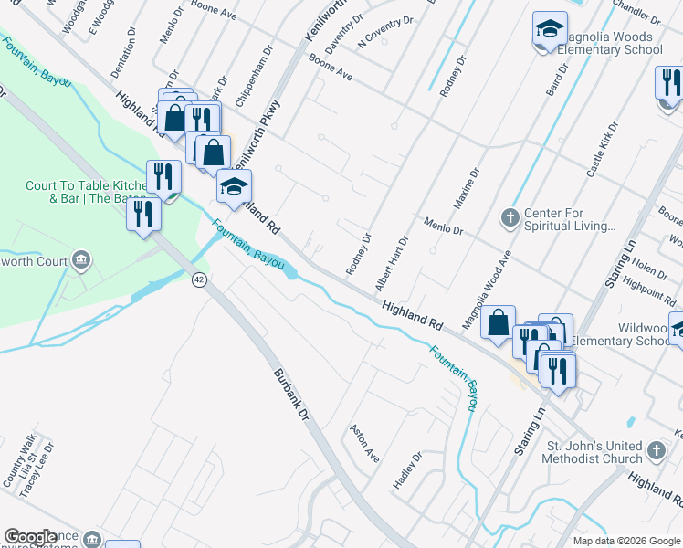 map of restaurants, bars, coffee shops, grocery stores, and more near 7940 Highland Road in Baton Rouge