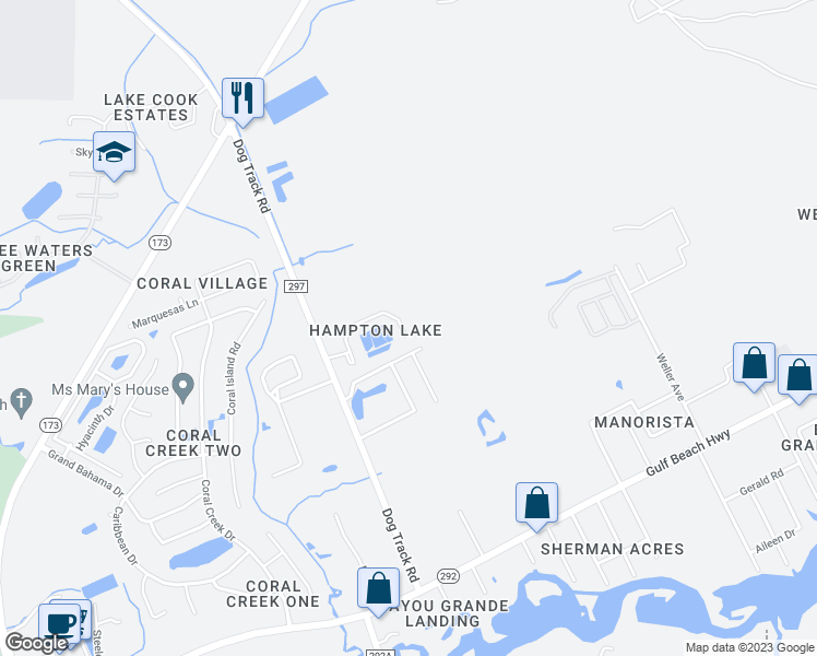 map of restaurants, bars, coffee shops, grocery stores, and more near 9584 Cobblebrook Drive in Pensacola