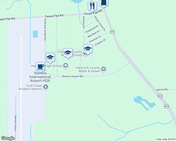 map of restaurants, bars, coffee shops, grocery stores, and more near 7084 Stennis Airport Road in Kiln