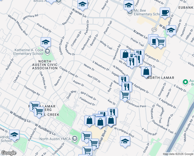 map of restaurants, bars, coffee shops, grocery stores, and more near 1003 Red Cliff Drive in Austin