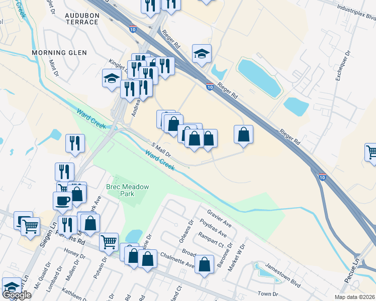 map of restaurants, bars, coffee shops, grocery stores, and more near 10527 South Mall Drive in Baton Rouge