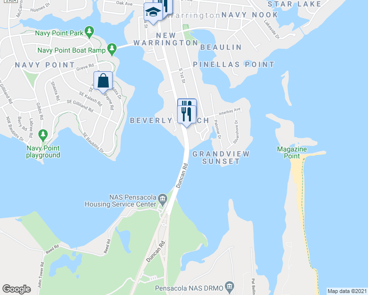 map of restaurants, bars, coffee shops, grocery stores, and more near 623 South Navy Boulevard in Pensacola