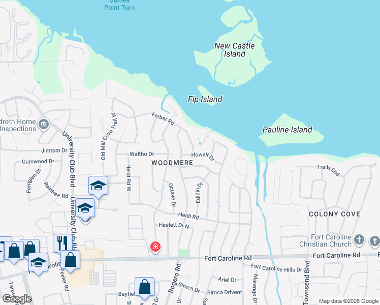 map of restaurants, bars, coffee shops, grocery stores, and more near 6667 West Fincannon Road in Jacksonville