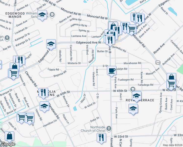 map of restaurants, bars, coffee shops, grocery stores, and more near 5570 Verbena Road in Jacksonville