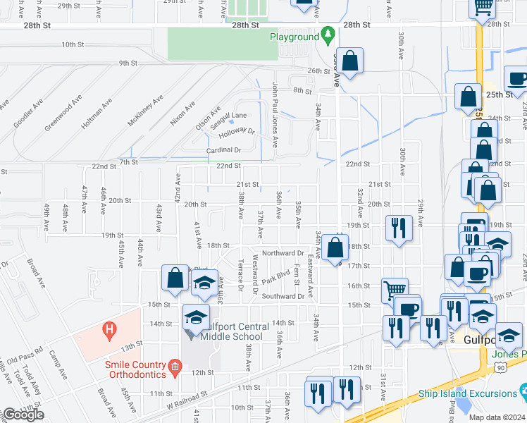 map of restaurants, bars, coffee shops, grocery stores, and more near 3621 20th Street in Gulfport