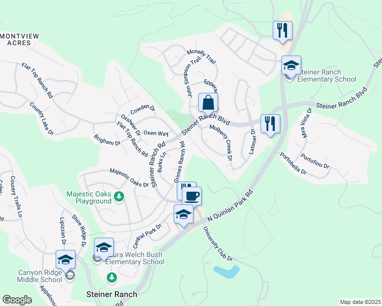 map of restaurants, bars, coffee shops, grocery stores, and more near 3335 Burks Lane in Austin