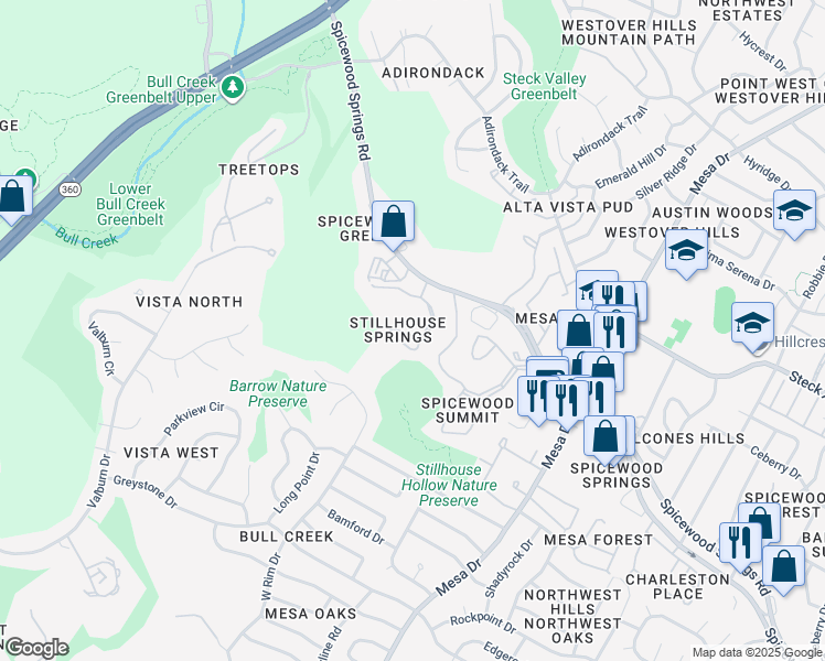 map of restaurants, bars, coffee shops, grocery stores, and more near 4711 Spicewood Springs Road in Austin