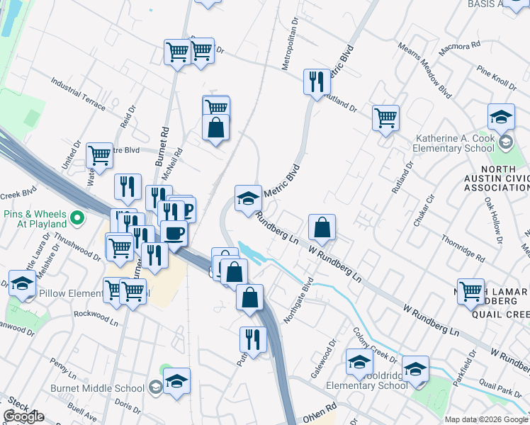 map of restaurants, bars, coffee shops, grocery stores, and more near 20 West Rundberg Lane in Austin