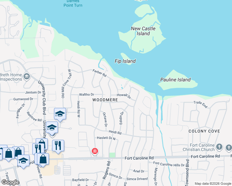 map of restaurants, bars, coffee shops, grocery stores, and more near 6667 West Fincannon Road in Jacksonville