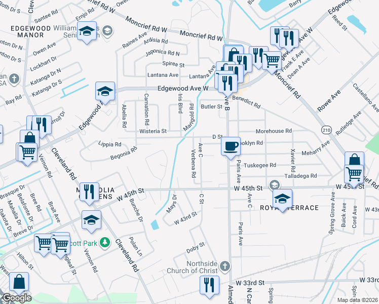 map of restaurants, bars, coffee shops, grocery stores, and more near 5570 Verbena Road in Jacksonville