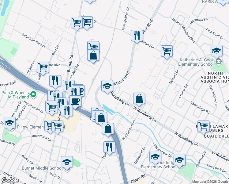 map of restaurants, bars, coffee shops, grocery stores, and more near 20 West Rundberg Lane in Austin