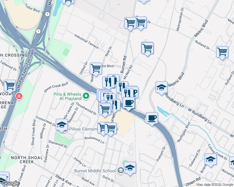 map of restaurants, bars, coffee shops, grocery stores, and more near in Austin