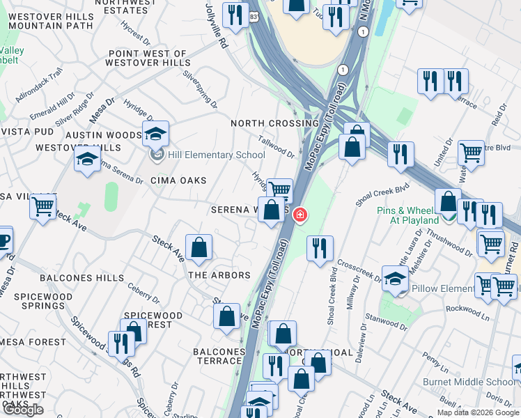 map of restaurants, bars, coffee shops, grocery stores, and more near 8610 North Mopac Expressway in Austin