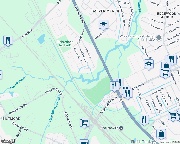 map of restaurants, bars, coffee shops, grocery stores, and more near 5730 Kinlock Drive South in Jacksonville
