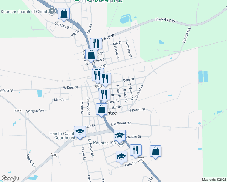 map of restaurants, bars, coffee shops, grocery stores, and more near 450 Bear Street in Kountze