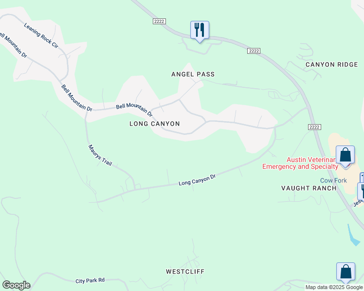 map of restaurants, bars, coffee shops, grocery stores, and more near 8421 Bell Mountain Drive in Austin