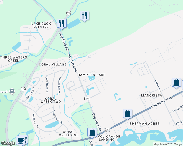 map of restaurants, bars, coffee shops, grocery stores, and more near 9643 Cobblebrook Drive in Pensacola
