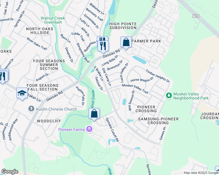 map of restaurants, bars, coffee shops, grocery stores, and more near 11400 Day Camp Lane in Austin