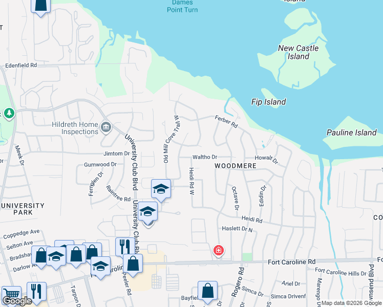 map of restaurants, bars, coffee shops, grocery stores, and more near 4133 Old Mill Cove Trail East in Jacksonville