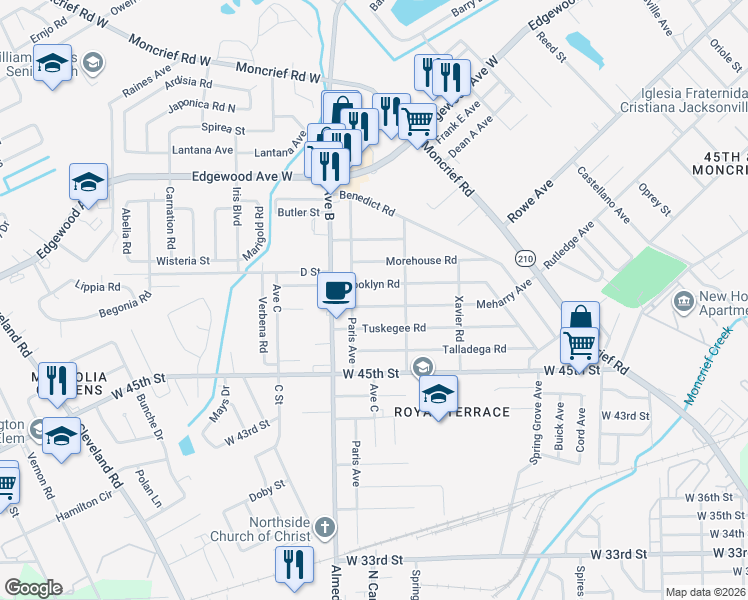 map of restaurants, bars, coffee shops, grocery stores, and more near 2165 Brooklyn Road in Jacksonville