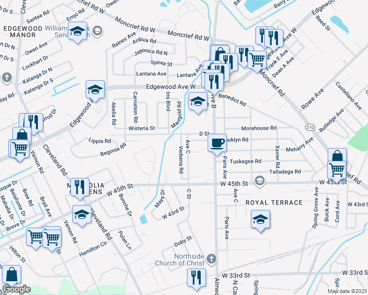 map of restaurants, bars, coffee shops, grocery stores, and more near 5671 Verbena Road in Jacksonville