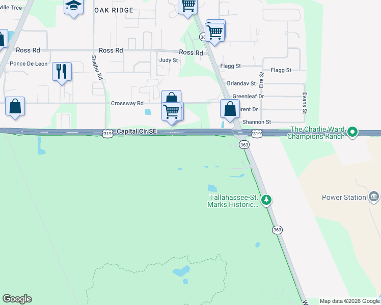 map of restaurants, bars, coffee shops, grocery stores, and more near 5353 Capital Circle Southeast in Tallahassee