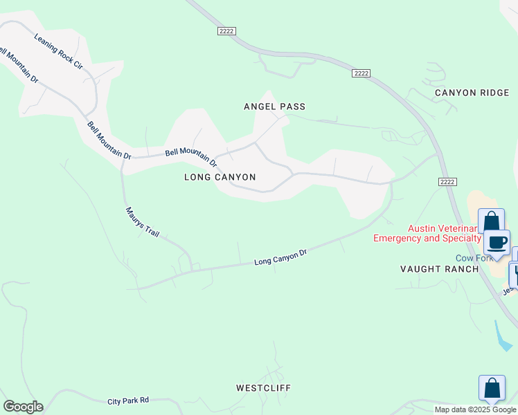 map of restaurants, bars, coffee shops, grocery stores, and more near 8421 Bell Mountain Drive in Austin