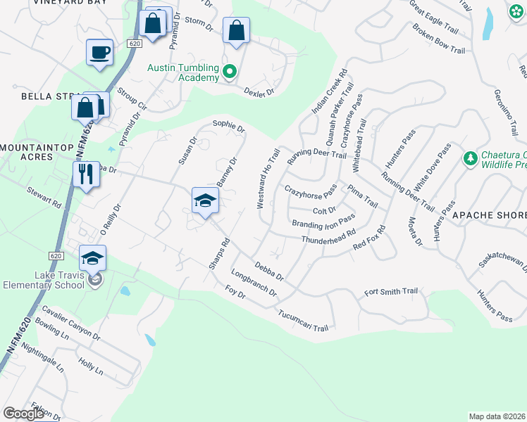 map of restaurants, bars, coffee shops, grocery stores, and more near 1605 Westward Ho Trail in Austin