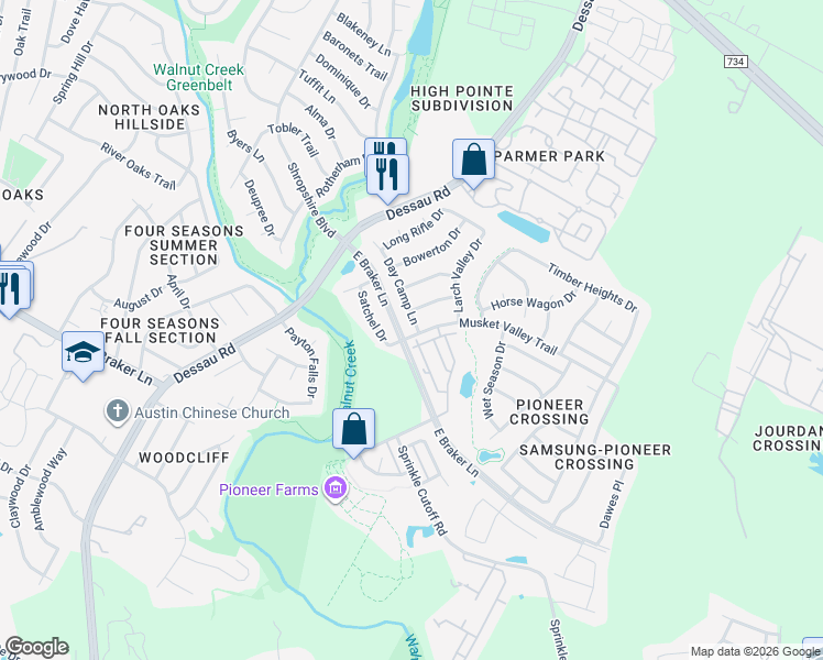 map of restaurants, bars, coffee shops, grocery stores, and more near 11400 Day Camp Lane in Austin