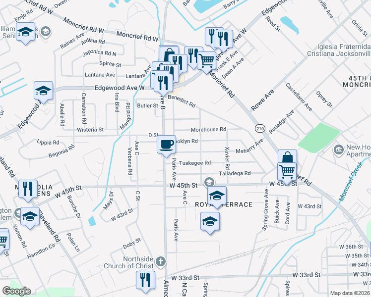 map of restaurants, bars, coffee shops, grocery stores, and more near 2165 Brooklyn Road in Jacksonville