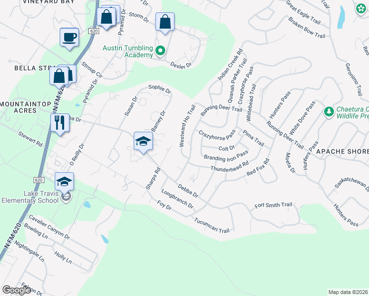 map of restaurants, bars, coffee shops, grocery stores, and more near 1605 Westward Ho Trail in Austin