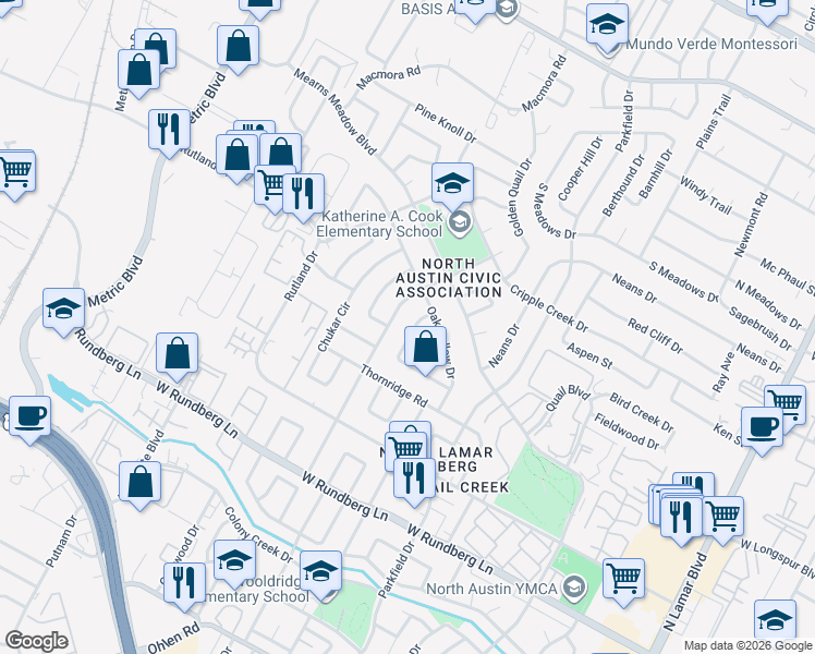 map of restaurants, bars, coffee shops, grocery stores, and more near 9807 Mountain Quail Road in Austin