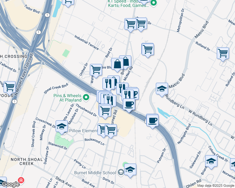 map of restaurants, bars, coffee shops, grocery stores, and more near 5450 Farm to Market Road 1325 in Austin