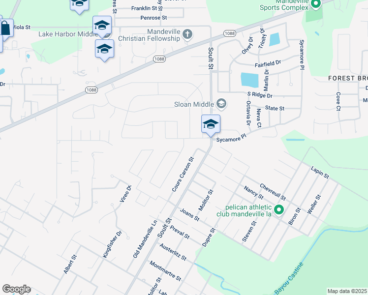 map of restaurants, bars, coffee shops, grocery stores, and more near Scarlet Oak Lane in Mandeville