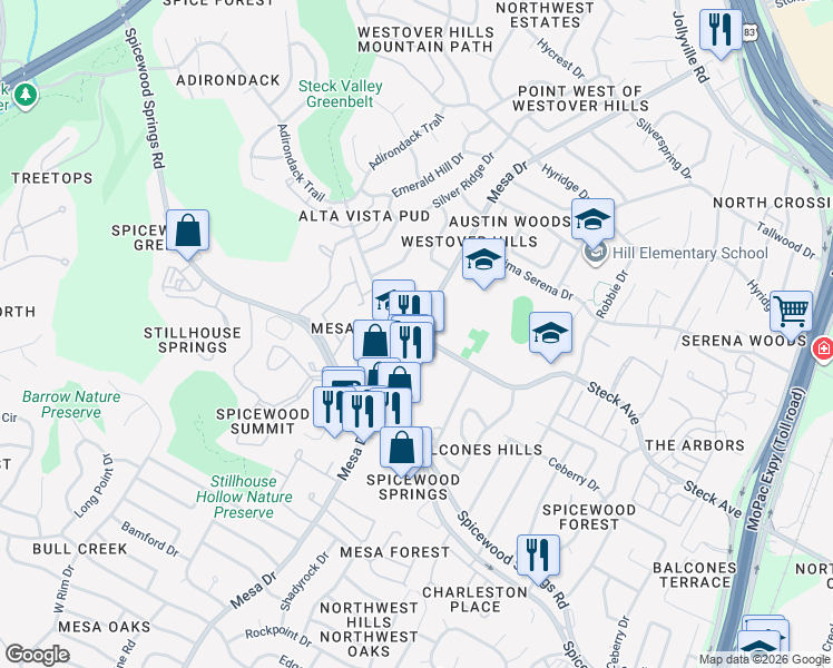 map of restaurants, bars, coffee shops, grocery stores, and more near Mesa Dr & Steck Ave in Austin