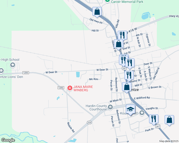 map of restaurants, bars, coffee shops, grocery stores, and more near 625 West Deer Street in Kountze