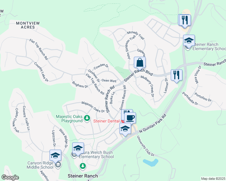 map of restaurants, bars, coffee shops, grocery stores, and more near 3224 Burks Lane in Austin