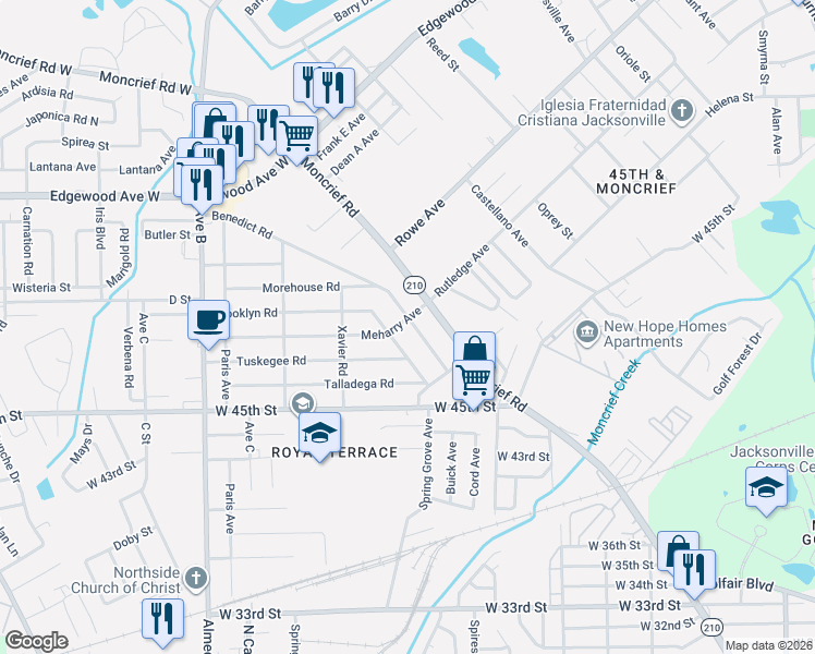 map of restaurants, bars, coffee shops, grocery stores, and more near 5718 Benedict Road in Jacksonville