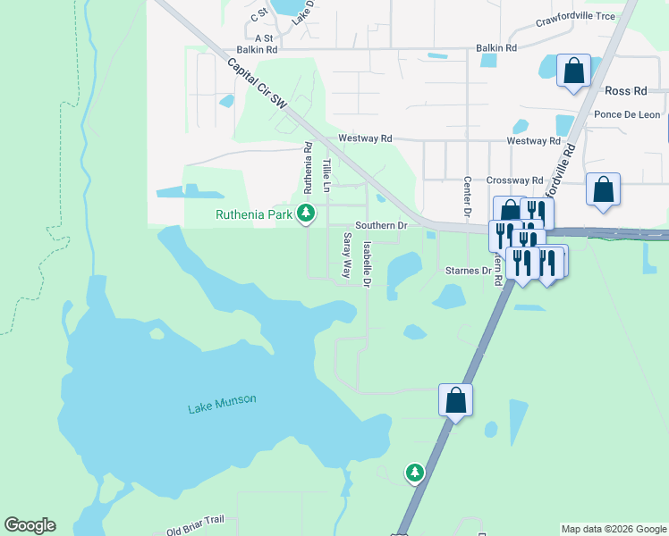 map of restaurants, bars, coffee shops, grocery stores, and more near 5017 Saray Way in Tallahassee