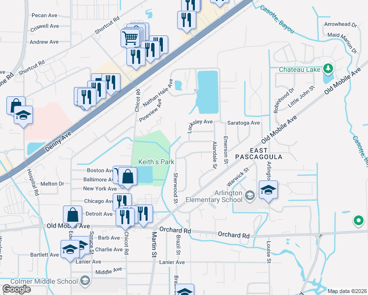 map of restaurants, bars, coffee shops, grocery stores, and more near 4103 Greenwood Ave in Pascagoula